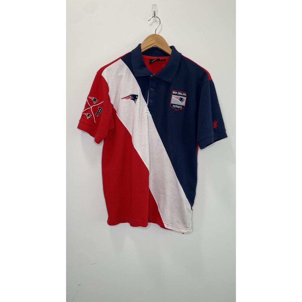 NFL Klew New England Patriots Rugby Polo Short Sleeve Shirt Red White Blue L